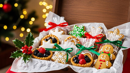 Holiday pastries in decorative box with red ribbon on festive background