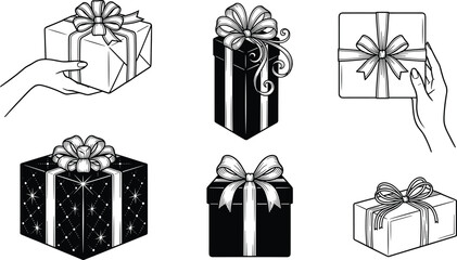Elegant black and white gift box illustrations featuring detailed ribbon bows, decorative patterns, and hands presenting presents, perfect for luxury holiday designs