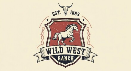 A vintage shield logo features a galloping horse, scroll banner text, and a bull skull