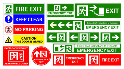 Emergency Exit and Fire Safety Sign Set – Fire Exit, Emergency Evacuation, Warning and Safety Instruction Icons Collection – Vector Illustration