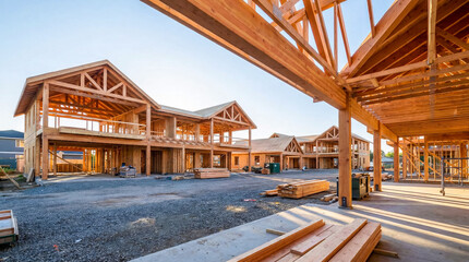 View of the construction site of a new suburban neighborhood, advertising for the construction of wooden country houses, a business manufacturing prefabricated wooden houses
