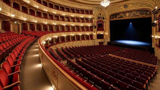 Elegant theater interior with red seats and illuminated stage  