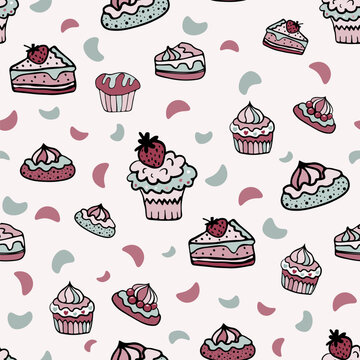 A seamless cupcake and muffin pattern in pastel tones, a hand-drawn cupcake background with a cherry on top, a wrapping paper doodle design
