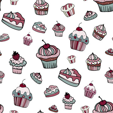 A seamless cupcake and muffin pattern in pastel tones, a hand-drawn cupcake background with a cherry on top, a wrapping paper doodle design
