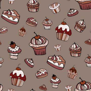 A seamless cupcake and muffin pattern in pastel tones, a hand-drawn cupcake background with a cherry on top, a wrapping paper doodle design
