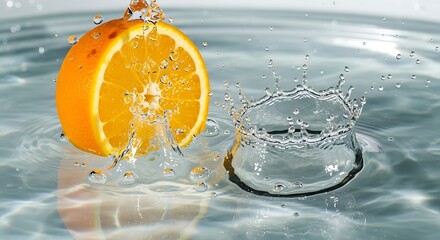 Orange slice splashing into water creating a crown effect.