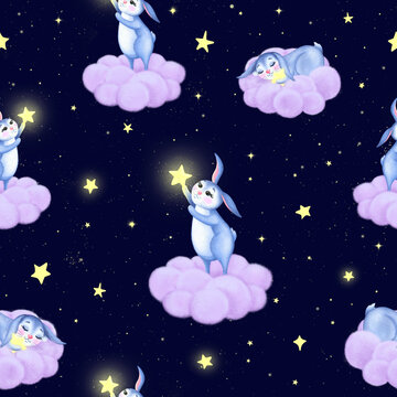 A seamless good night pattern with rabbits catching stars, a dark blue background with a cute bunny sleeping on a pink cloud in a starry sky, sweet dreams design
