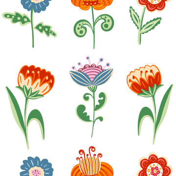 Whimsical Folk Style Flowers in Vivid Colors on White Background &ndash; Seamless Repeat Pattern Illustration