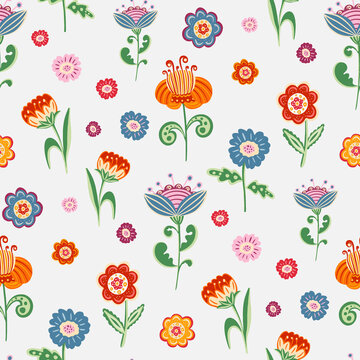 Whimsical Folk Style Flowers in Vivid Colors on White Background &ndash; Seamless Repeat Pattern Illustration