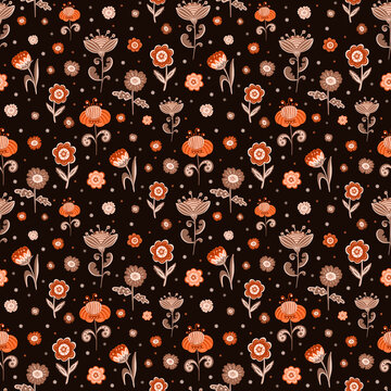 Whimsical Folk Style Flowers in Vivid Colors on Dark Background &ndash; Seamless Repeat Pattern Illustration