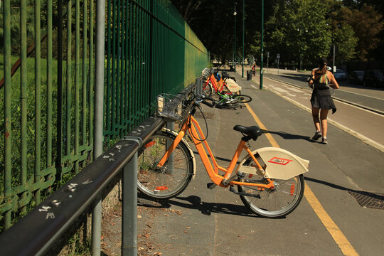 bike mi. dott. Italy, Milan- september 7 ,2025. offering sustainable transportation options for students on campus. Outdoor parking for rental bikes
