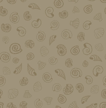 Hand-drawn doodles of shell variations on a pastel background, seashell seamless pattern