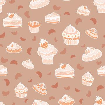A seamless cupcake and muffin pattern in pastel tones, a hand-drawn cupcake background with a cherry on top, a wrapping paper doodle design 
