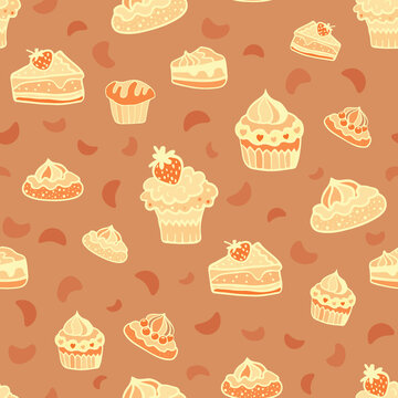A seamless cupcake and muffin pattern in vibrant warm tones, a hand-drawn cupcake background with a cherry on top, a wrapping paper doodle design 