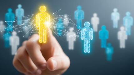 Human index finger interacting with glowing network of people figures human finger interaction