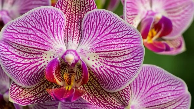 Close-up of vibrant pink orchid petals with intricate patterns  
