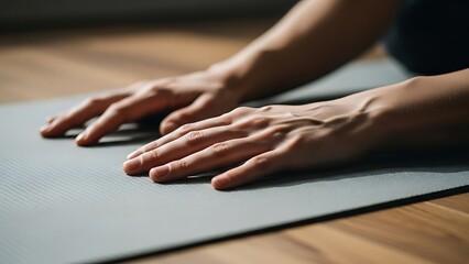 Close up of a person s hands gently resting on a yoga mat preparing for a mindful exercise session on a wooden floor emphasizing focus and calm
