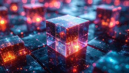 Digital Cubes: A captivating display of glowing cubes illuminates a digital landscape, symbolizing the intricate network of data and technology, with a vibrant interplay of light and shadow.