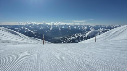 Photorealistic groomed ski slope with fresh corduroy snow texture and bright winter light.