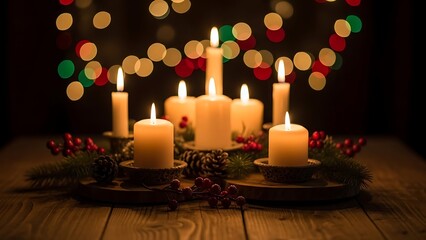 Lit candles on wooden table with festive christmas bokeh background