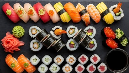 Assorted sushi platter on black slate board for restaurant menu