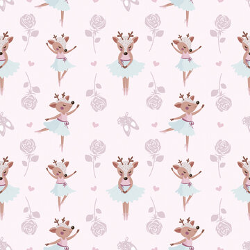 Ballet dancing fawn, a girly deer dancer pattern, cute pastel pink ballerina pattern