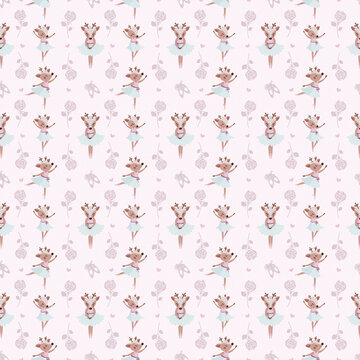 Ballet dancing fawn, a girly deer dancer pattern, cute pastel ballerina seamless background