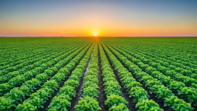Sunrise over green crop field with rows of plants in summer  
