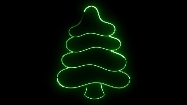 Christmas tree with glowing green neon light path effect on plain black background