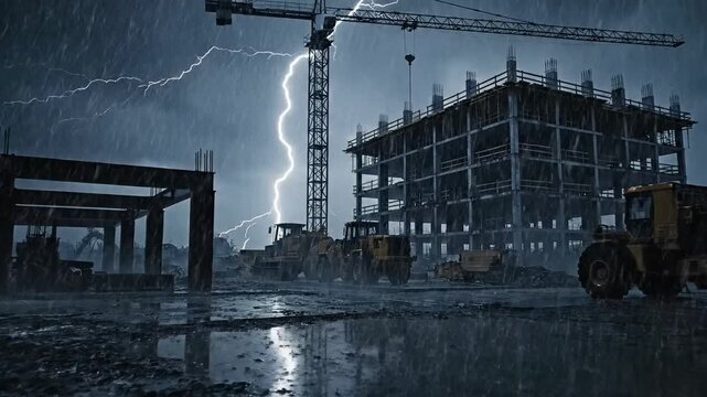 Building Construction Site Enduring Heavy Rain with Tower Crane and Heavy Machinery on a Stormy Day