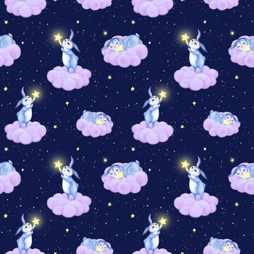 A seamless good night pattern with rabbits catching stars, a dark blue background with a cute bunny sleeping on a pink cloud in a starry sky, sweet dreams design