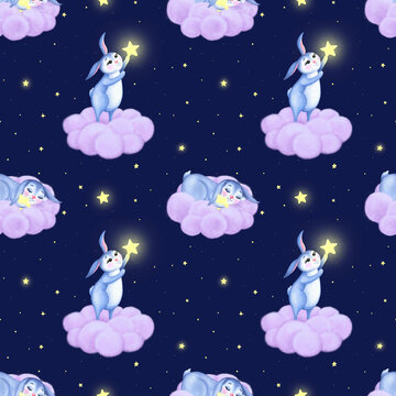 A seamless good night pattern with rabbits catching stars, a dark blue background with a cute bunny sleeping on a pink cloud in a starry sky, sweet dreams design