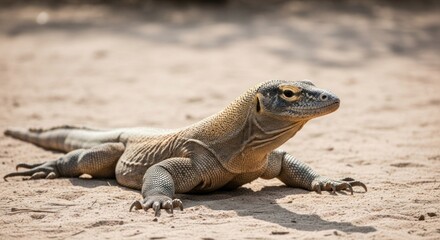 Obraz premium A large, tan-scaled reptile, a monitor lizard, rests on a sandy surface