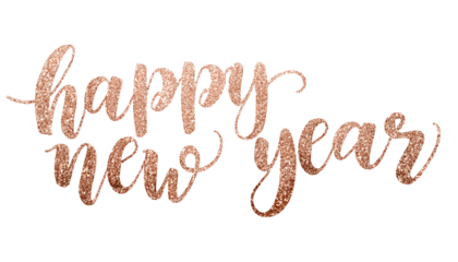 Rose Gold Glitter Happy New Year Script isolated on a transparent background