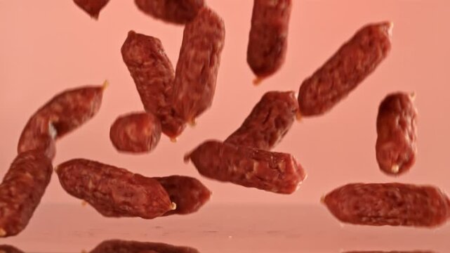 Mini salami falls on the table. Filmed on a high-speed camera at 1000 fps. High quality FullHD footage