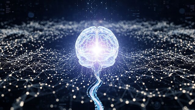 Artificial intelligence brain connection with network of data and information flowing
