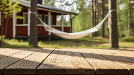 Relaxing in a hammock on a wooden deck in a forest with a cozy cabin in the background on a sunny day evoking tranquility and vacation