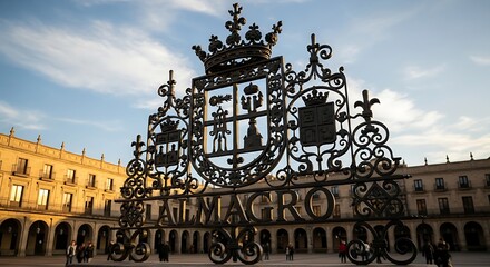 Salamancas Plaza Mayor - A Majestic Wrought Iron Emblem Under a Cloudy Sky.