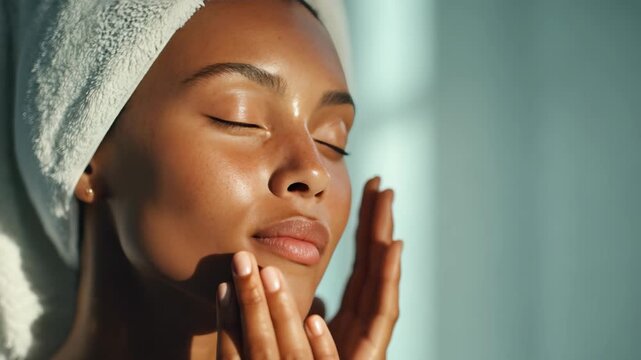 Radiant female with a towel wrapped around her head embraces a peaceful morning skincare ritual. The soft sunlight enhances her healthy complexion and calm, rejuvenated expression