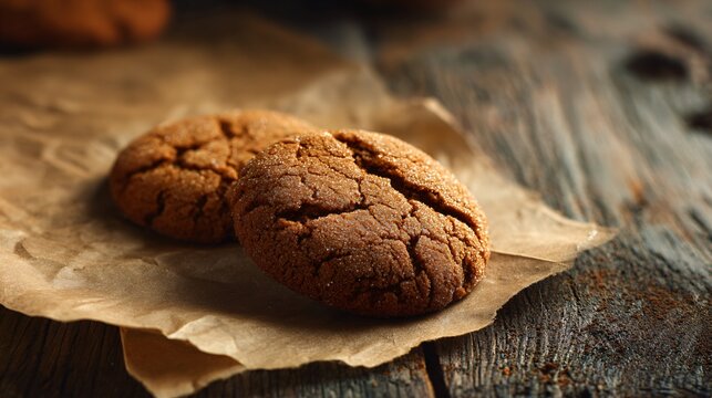 Rustic wood table with freshly baked molasses cookies on parchment paper, warm golden tones and right-side copy space