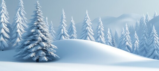 Naklejka premium Majestic Snow Covered Evergreen Trees in Rolling Hills Creating a Beautiful Winter Wonderland Scene