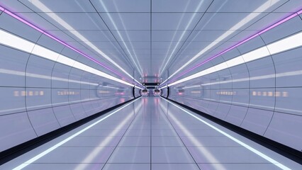 Obraz premium Perspective view of a futuristic high-speed tunnel with glowing purple and white lights
