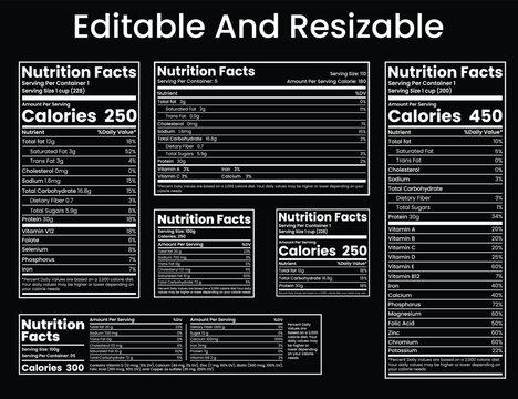 Editable and Resizable Nutrition Facts Label Set displaying various calorie counts and dietary information