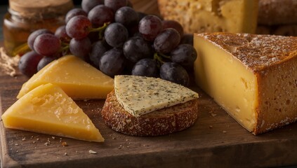 Assorted cheese wedges including herbed cheese and cheddar with fresh grapes on a dark wooden cutting board