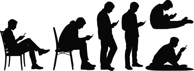 Adobe Stock Title Set of black silhouettes of men using smartphones sitting standing and lying down isolated on white background vector illustration © Arman World