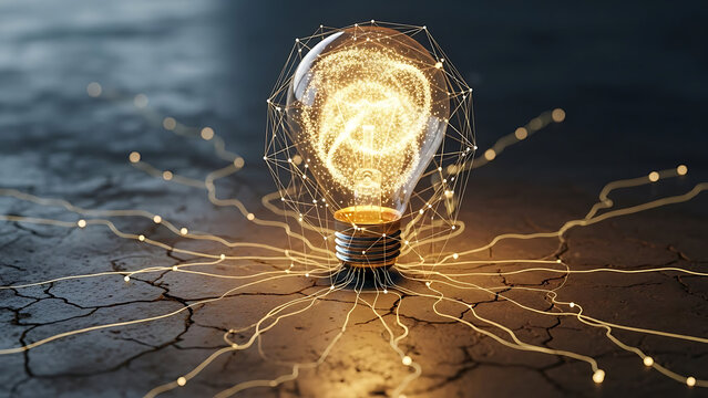 Digital light bulb with glowing connections on cracked ground. - Powered by Adobe