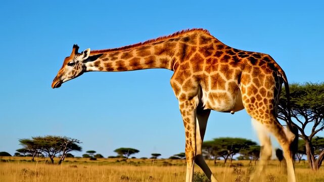 A majestic giraffe strides across a sunlit savanna, under a clear blue sky