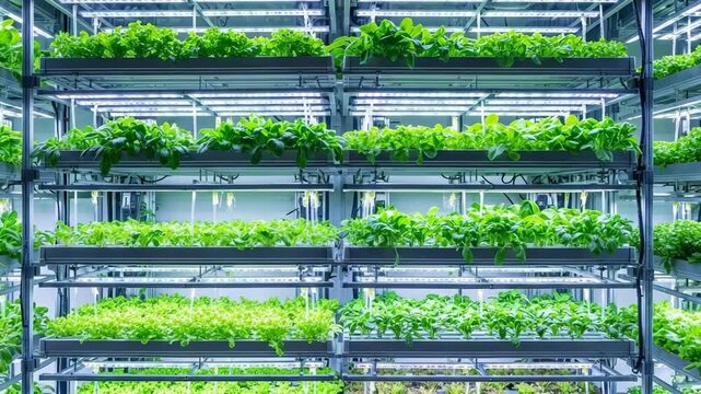 Vertical farm with green plants growing under artificial lighting  , Vertical hydroponic garden racks, camera moves forward, indoor cool lighting