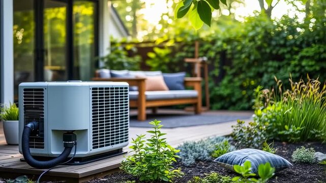 An air conditioner unit sits on a deck in a backyard setting, with greenery and seating