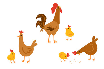 Set of farm domestic birds families in simple flat style isolated on white. Brown hens, rooster and chicks. Parents feeding offspring. Great for kids content, nursery prints, farm and animal designs